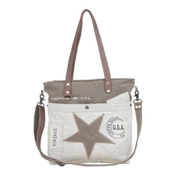 Myra Bag Handmade Metanoia Tote Bag Upcycled Canvas & Cowhide Leather - Picture 2 of 9